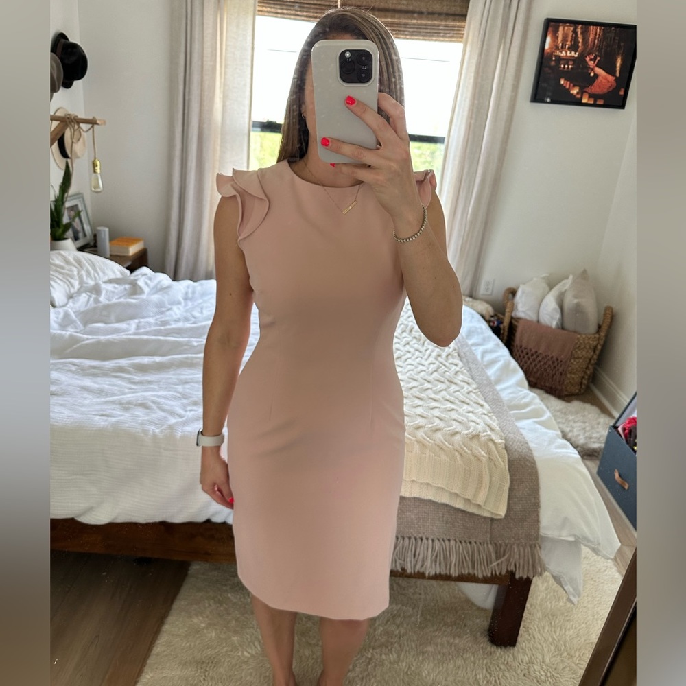 Antonio Melani pastel pink dress with ruffle shoulders.